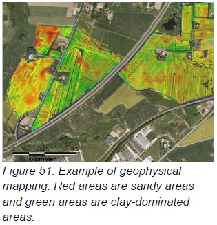 Figure 51: Example of geophysical mapping. Red areas are sandy areas and green areas are clay-dominated areas.